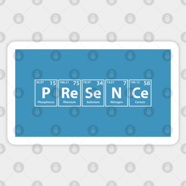 Presence (P-Re-Se-N-Ce) Periodic Elements Spelling Sticker by cerebrands